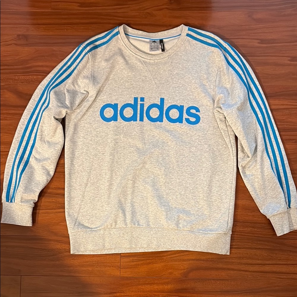 Adidas Crewneck Gray and Blue Sweater with Signature Stripes